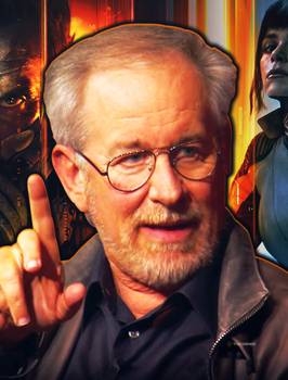 Steven Spielberg holds up his index finger with images from Call of Duty in the background.