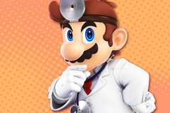 Dr Mario in a thinking pose over an orange background.