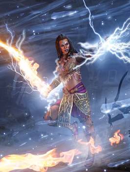 A multclassed character in Elder Scrolls Online, attacking with both fire and lightning magic.
