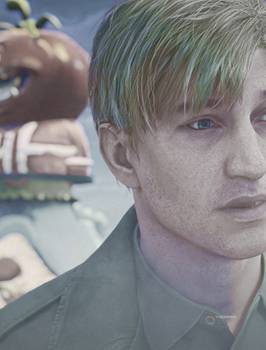 James Sunderland from Silent Hill 2 Remake in a foggy Tomato Town from Fortnite.