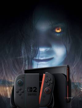 a nintendo switch 2 in front of the girl from resident evil 7 floating in the sky.